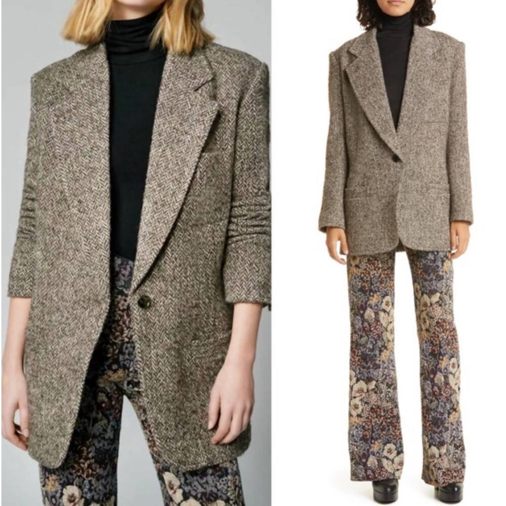 Smythe‎ Oversize Herringbone Tweed Blazer Mushroom Brown Wool Blend Size XL